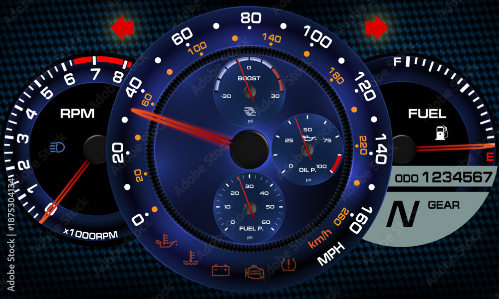 Fototapeta premium High performance vehicle dashboard with analog and digital gauges. Sporty interface showing real-time telemetry and warning indicators.