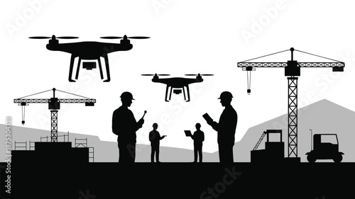 Construction workers with drones and cranes on a building site