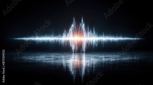 A glowing blue and orange sound wave graphic on a dark background with reflection