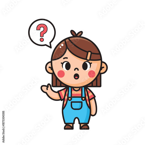 Confused Cartoon Girl with Question Mark in Speech Bubble, Asking for Help