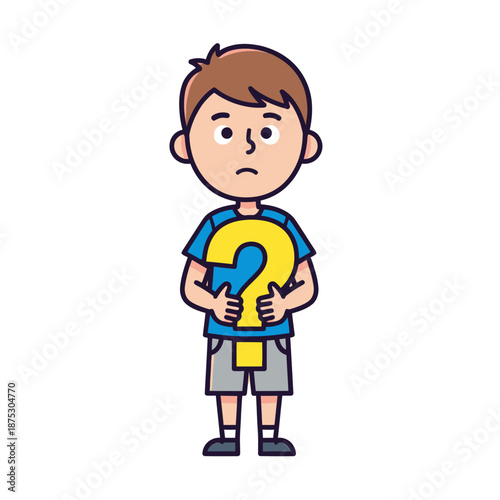 Confused Boy Holding Question Mark Symbol - Illustration