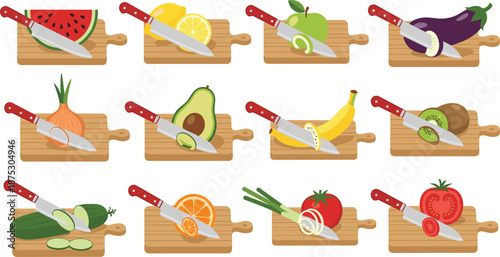 Kitchen food cutting board illustrations with knife, sliced fruits and vegetables, cooking preparation vector set