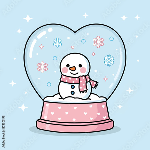 Adorable snowman in heart shaped snow globe with pink scarf