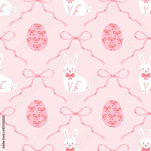 Coquette seamless Easter pattern with bows and ribbons. Hand drawn cute bunny and eggs decorated bows. Elegant girly print. Vintage design for fabric, wallpaper or wrapping paper.