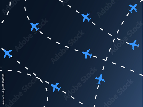 Airplane flight path background. Air travel background design with flight path pattern. Modern airplane travel pattern vector illustration. Flight route vector illustration. Airplane on dashed line