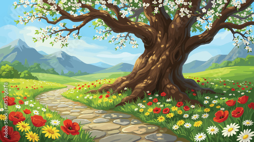 Beautiful flat vector illustration of a spring landscape featuring a large blooming tree stone path colorful red poppy flowers and mountain valley scenery