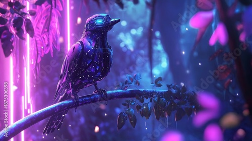 A futuristic ecosystem where robotic life thrives: metallic insects crawling on smart leaves, robotic birds with articulated wings flying through the air, lifelike robotic animals roaming a high-tech 