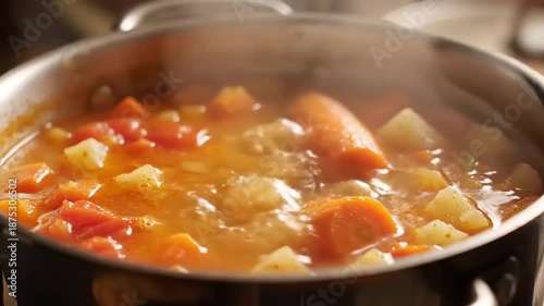 Steaming vegetable stew in a pot close up cooking process