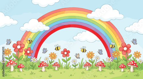 Colorful spring meadow landscape with rainbow flowers butterflies bees and mushrooms cad drawing flat vector illustration isolated on white background for kids wallpaper