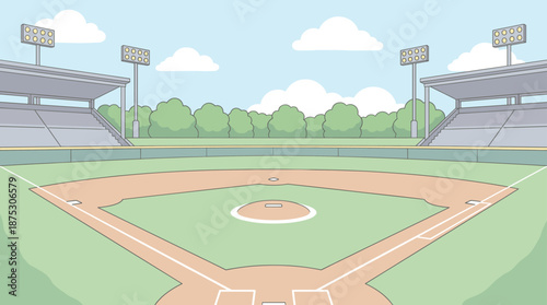 Empty baseball stadium field with green grass and grandstands under a blue sky, flat vector illustration of a sports park diamond arena