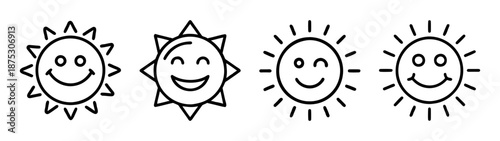 Cartoon suns vector illustration, sunshine doodle drawing, happy sun face clip art, summer sun icons