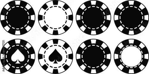 Vector illustration showcasing a collection of black and white casino poker chips, suitable for gaming and betting concepts