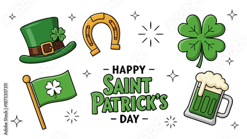 A festive collection of Saint Patrick's Day symbols including a leprechaun hat, horseshoe, four-leaf clover, flag, and beer mug.