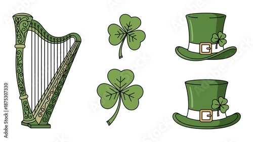 A collection of St. Patrick's Day symbols including a harp, shamrocks, and leprechaun hats.