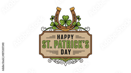 A St. Patrick's Day greeting featuring a horseshoe adorned with shamrocks above a sign that reads Happy St. Patrick's Day.