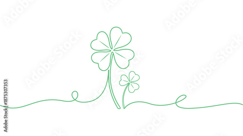 A delicate green line drawing of a four-leaf clover and a smaller clover with swirling stems.