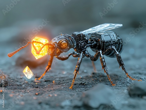 A futuristic ecosystem where robotic life thrives: metallic insects crawling on smart leaves, robotic birds with articulated wings flying through the air, lifelike robotic animals roaming a high-tech 