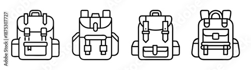 Outline drawing of travel backpacks rucksacks hiking bags and camping gear for outdoor adventures and trips
