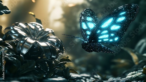 A futuristic ecosystem where robotic life thrives: metallic insects crawling on smart leaves, robotic birds with articulated wings flying through the air, lifelike robotic animals roaming a high-tech 