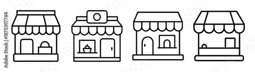 Outline drawing of storefronts shops with awnings vector illustration for coloring pages and design projects