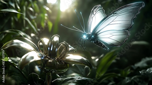 A futuristic ecosystem where robotic life thrives: metallic insects crawling on smart leaves, robotic birds with articulated wings flying through the air, lifelike robotic animals roaming a high-tech 