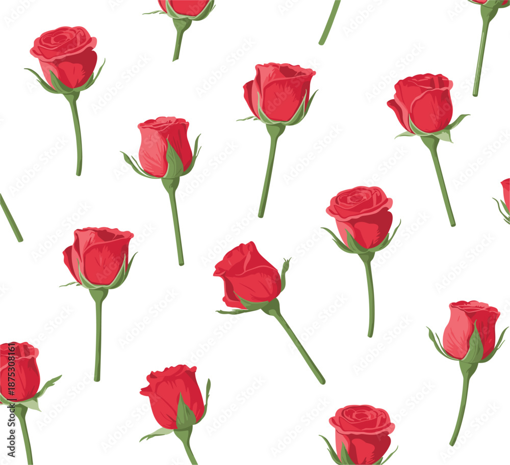 Naklejka premium Seamless pattern with small red rose buds on stems, romantic floral vector flat illustration background textile