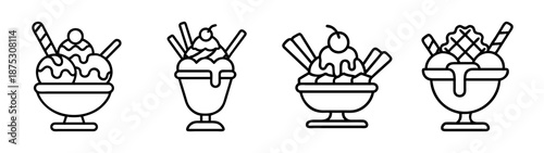Ice cream sundae vector illustration, dessert drawing, sweet treat clipart, frozen yogurt line art, food design element