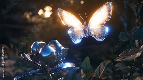 A futuristic ecosystem where robotic life thrives: metallic insects crawling on smart leaves, robotic birds with articulated wings flying through the air, lifelike robotic animals roaming a high-tech 