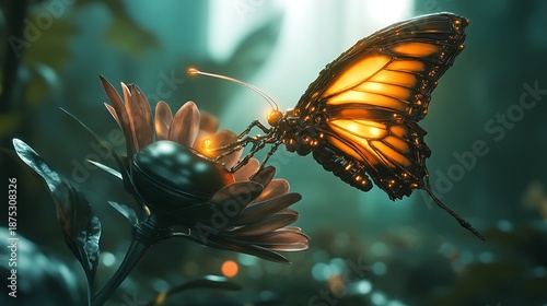 A futuristic ecosystem where robotic life thrives: metallic insects crawling on smart leaves, robotic birds with articulated wings flying through the air, lifelike robotic animals roaming a high-tech 
