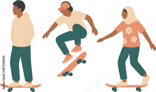 Diverse teenagers skateboarding and doing tricks. Urban youth culture, street sport and lifestyle concept. Vector illustration.  
