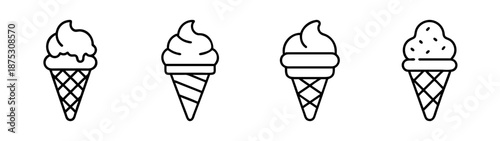 Ice cream cones vector illustration, summer dessert, sweet treat, waffle cone, frozen dessert, line art