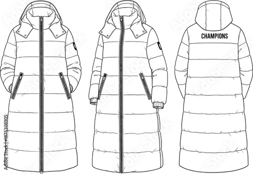 Long puffer winter coat technical fashion sketch with front and back views, hooded jacket outline vector illustration