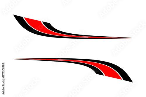 Red and black abstract curved graphic elements on white background.