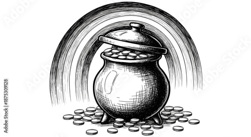 Pot of gold with rainbow line art illustration on white background