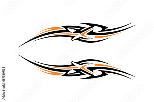 Abstract tribal design elements with dynamic swirling patterns and vibrant orange accents.