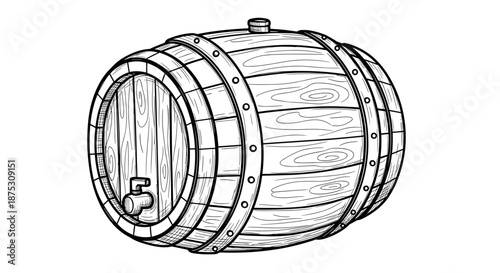 Wooden beer barrel line art illustration on white background