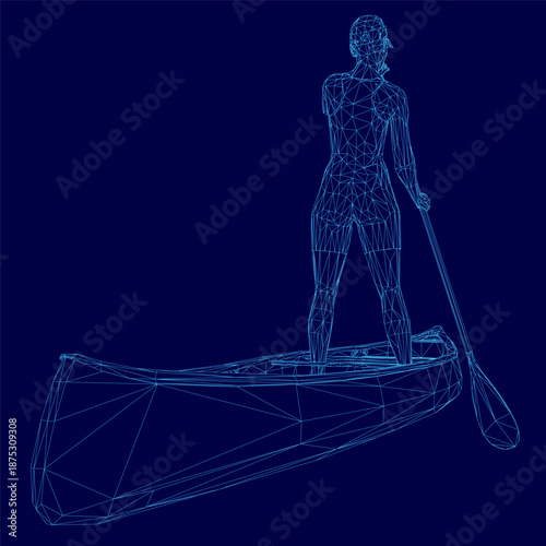 A 3D wireframe model of a woman paddling a canoe on a calm blue background.