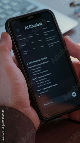 Close-up of a person using an AI chatbot app on their phone to generate business ideas. Virtual assistant with artificial intelligence helps with daily tasks. Conversation with AI application. 