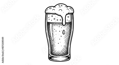 Pint of beer with foam line art illustration on white background