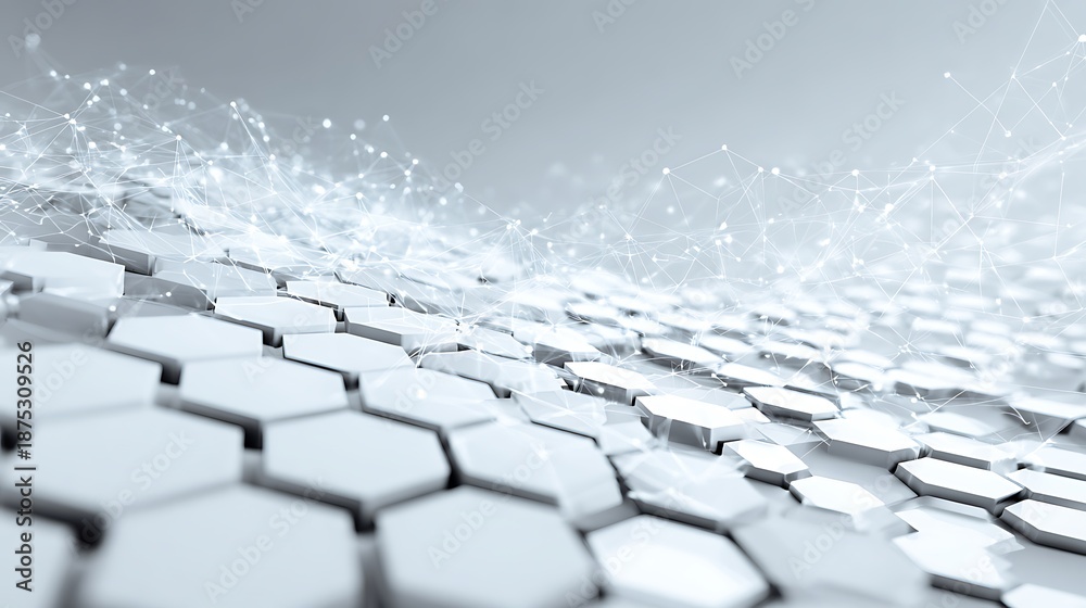 Fototapeta premium Abstract modern white hexagonal structure with connected nodes, futuristic tech concept