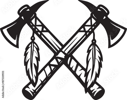 Two crossed tomahawks with feathers, Native American symbol, black and white vector