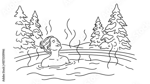 Woman Relaxing and smiling with head angled upwards In Hot Spring Surrounded By Snowy Pines Outdoor Winter Spa Scene