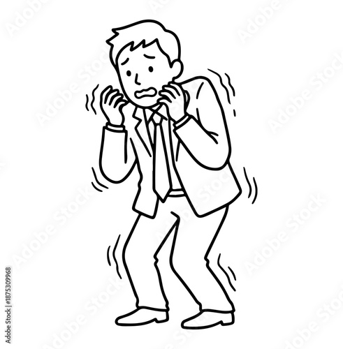 scared businessman shaking simple line art vector illustration on white background, scared and stressed businessman line art on white background