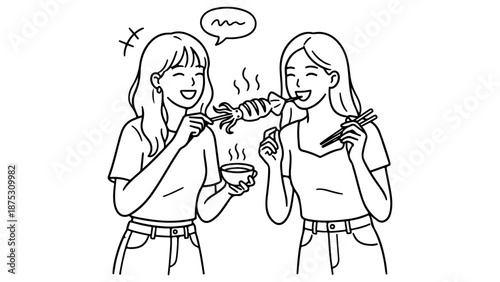 two cute girls having fun with the Asian food and degustating it line art vector illustration