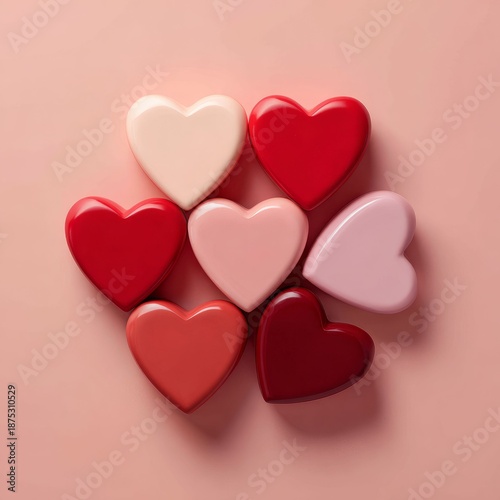 Many red and pink hearts on a smooth surface for Valentine day. Love and romance concept for greeting card and celebration.