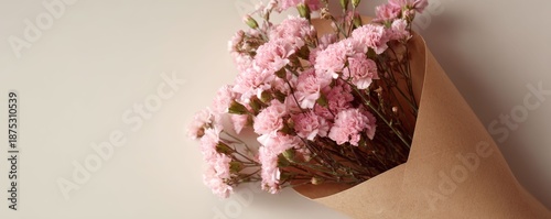 Pink carnation flower bouquet wrapped in craft paper. Minimalist floral design for Mothers Day, Valentines Day, greeting card, gift, and decoration.