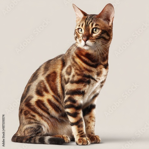 Bengal cat sitting with exotic striped fur and green eyes on an isolated light background. Pet animal portrait for veterinary concept.