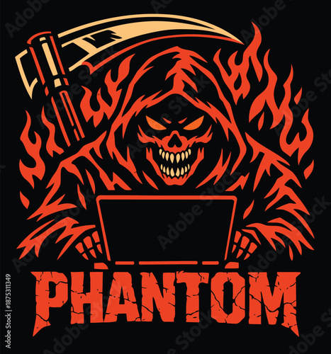 Digital phantom with glowing eyes and scythe, menacingly using a laptop