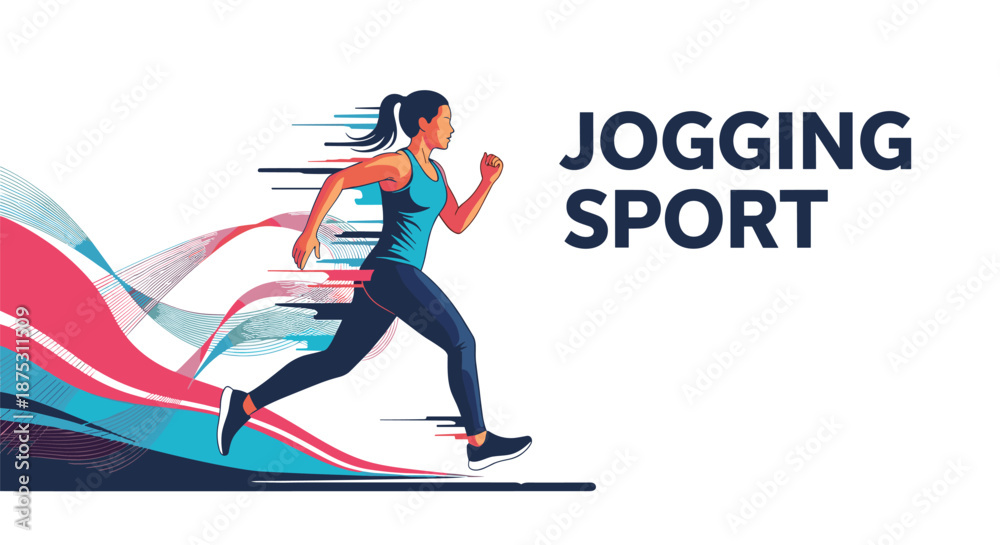Obraz premium Determined woman in athletic wear is jogging with speed and energy against a dynamic background of colorful abstract lines and shapes.