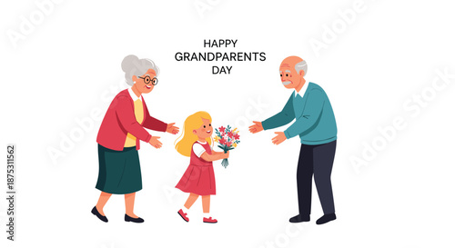 Heartwarming illustration of a little girl presenting a bouquet of colorful flowers to her happy grandmother and grandfather at home.